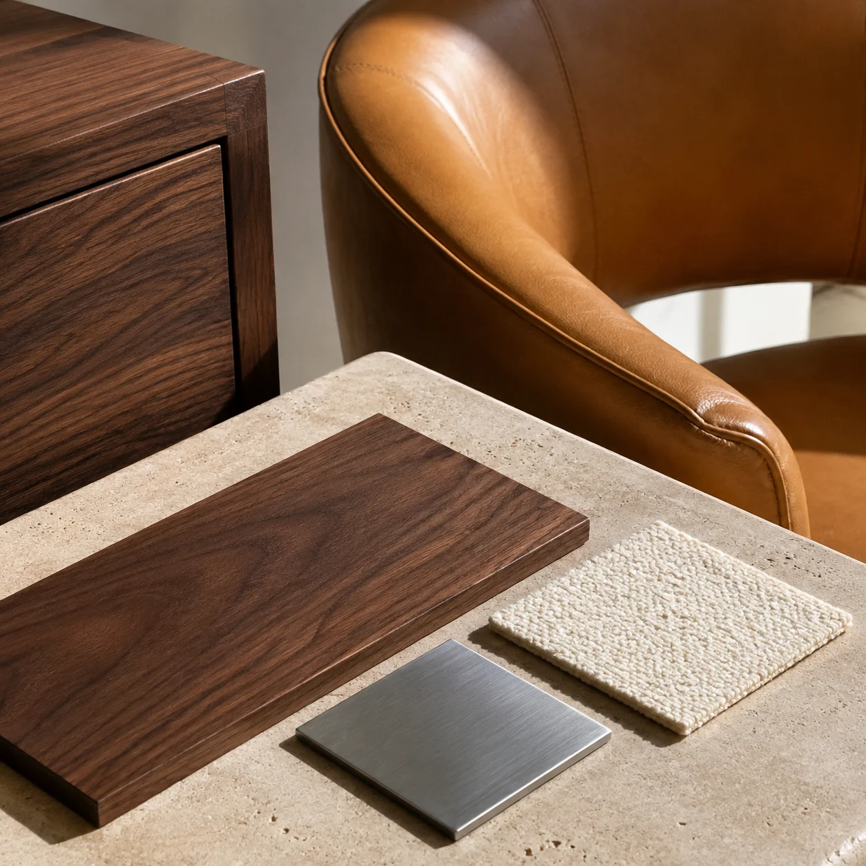Illustrated palette of wood, upholstery and metal finishes from the ProSalonFurniture design study.