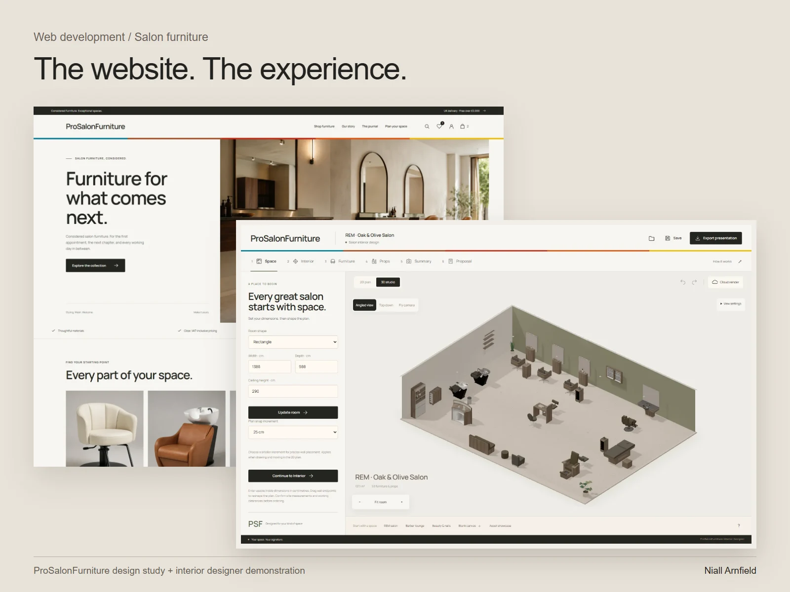 ProSalonFurniture website design study paired with the working salon interior designer demo.