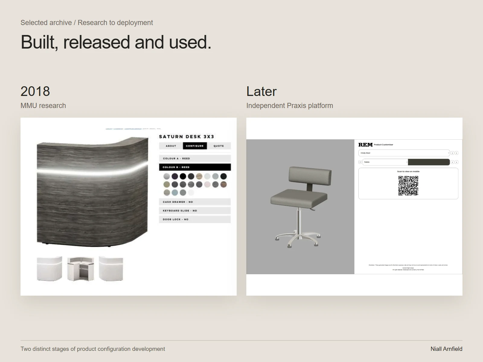 MMU 2018 Saturn desk configurator alongside a later independent Praxis 3D stool configurator.
