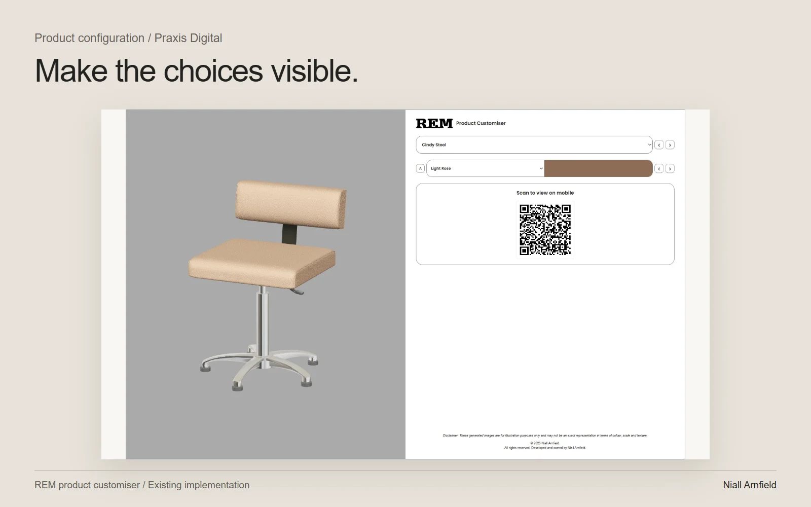 REM Cindy stool in the Praxis product customiser with product and upholstery controls.