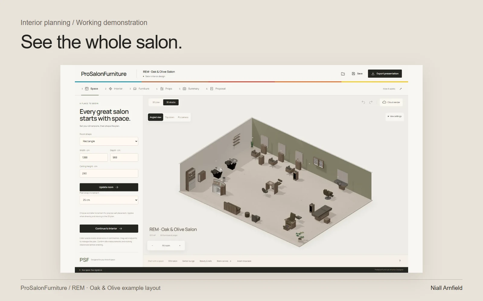 ProSalonFurniture interior designer showing a furnished REM Oak and Olive example salon in 3D.