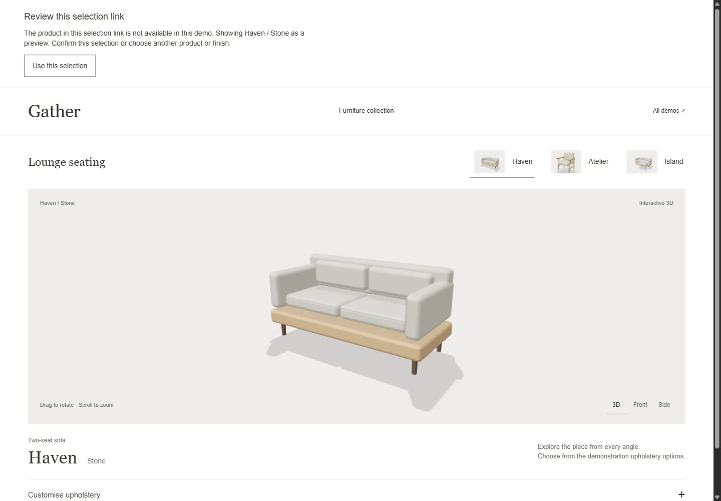 Gather warns that the saved product is unavailable and asks the visitor to confirm the Haven Stone preview