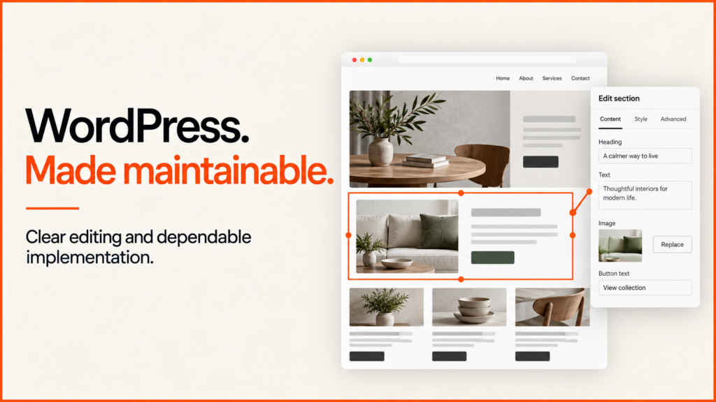 WordPress. Made maintainable. A reusable page section with clear editing controls.