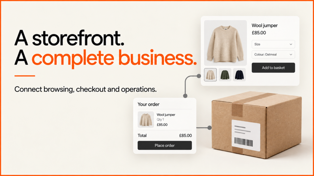 A storefront. A complete business. A wool jumper moves from product selection to checkout and fulfilment.