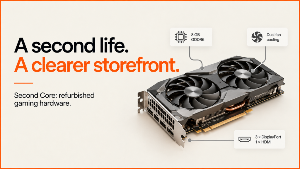 A second life. A clearer storefront. Second Core refurbished gaming hardware illustrated by a graphics card.