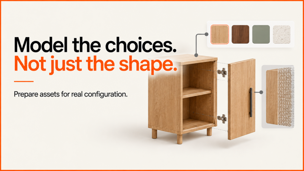 Model the choices. Not just the shape. Exploded cabinet view, material samples and mesh detail.