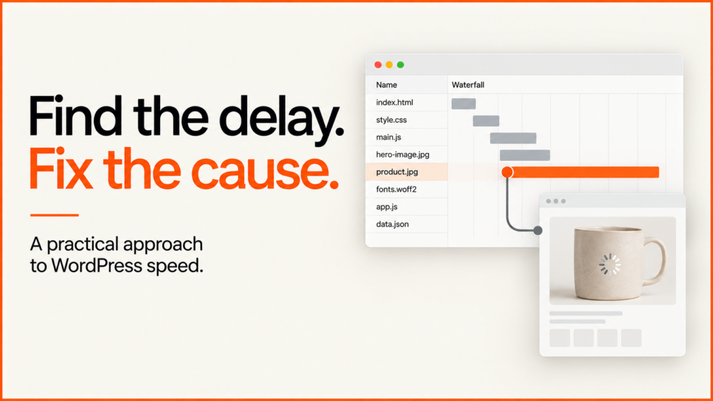 Find the delay. Fix the cause. A loading waterfall highlights a slow product image.