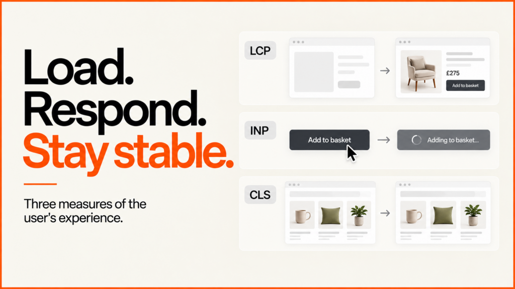 Load. Respond. Stay stable. LCP, INP and CLS illustrated through page loading, button feedback and stable content.