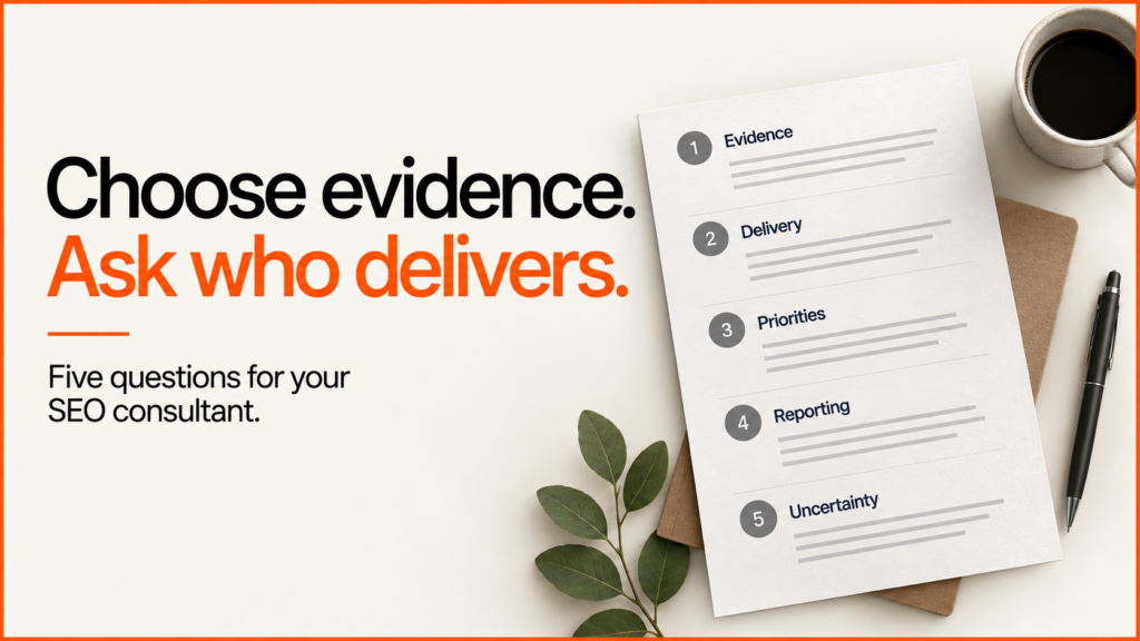 Choose evidence. Ask who delivers. Five SEO consultant questions cover evidence, delivery, priorities, reporting and uncertainty.