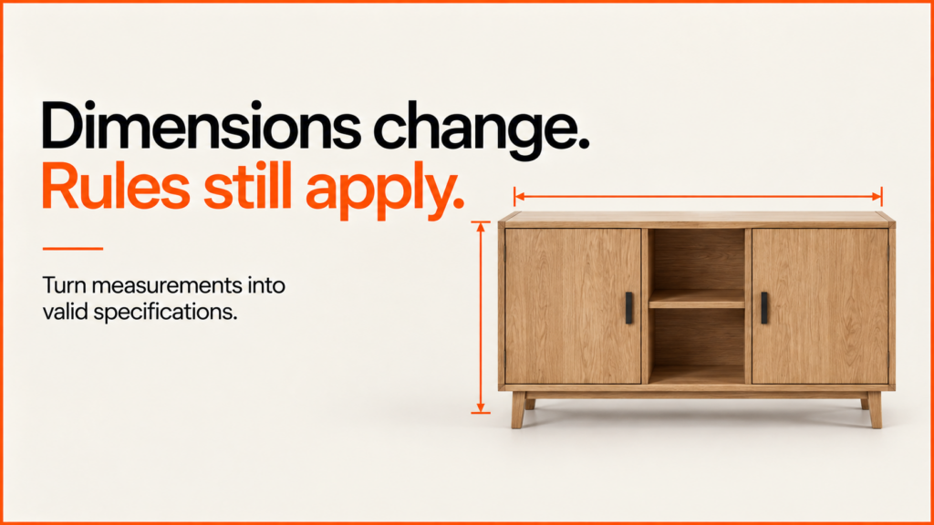 Dimensions change. Rules still apply. Cabinet width and height guide a valid specification.