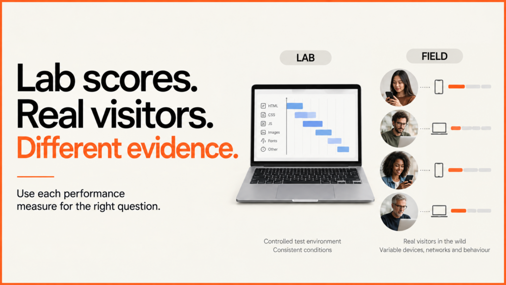 Lab scores. Real visitors. Different evidence. Controlled tests compared with real visitor performance.