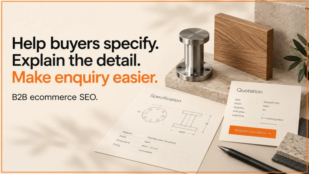 B2B SEO cover: Help buyers specify. Explain the detail. Make enquiry easier.