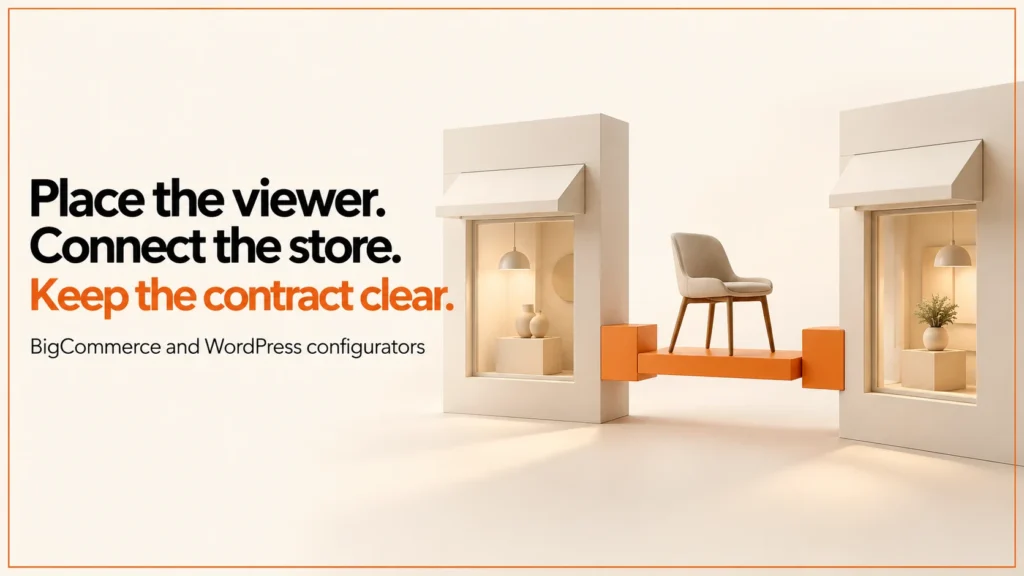 Illustrative chair between two storefront panels and connected blocks beside the integration headline.