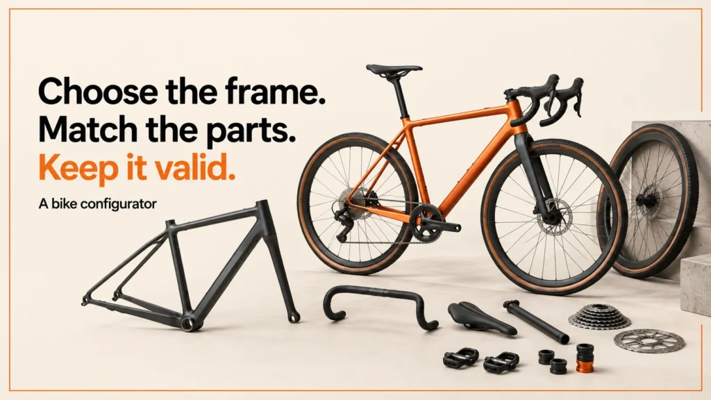 Illustrative orange bicycle and separate parts beside a bike configurator headline.