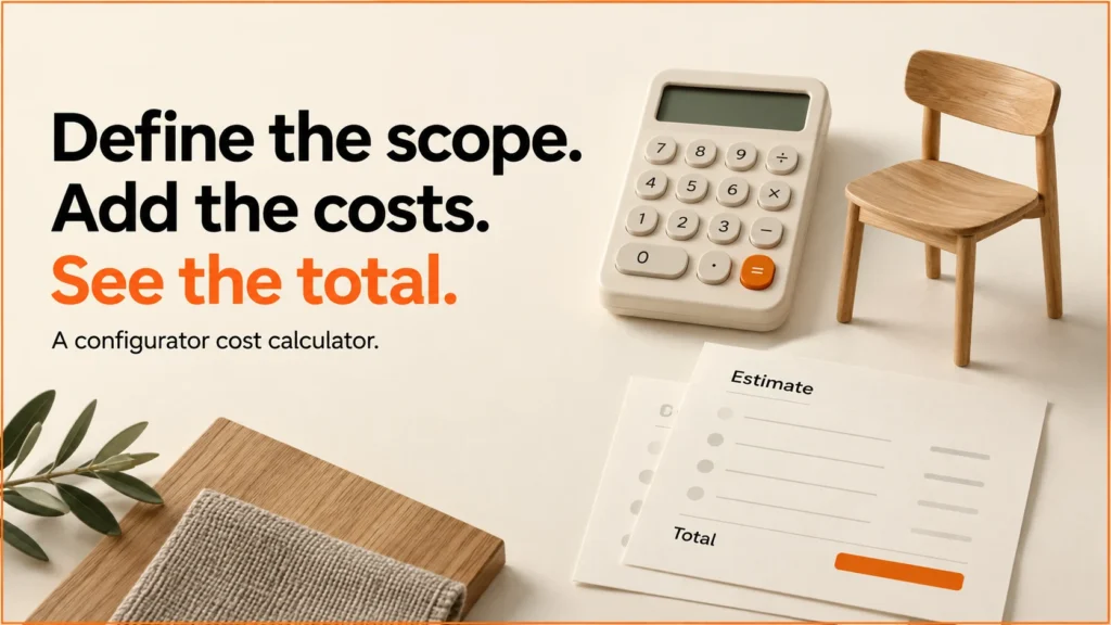 Editorial calculator and product model beside the headline Define the scope, add the costs, see the total.