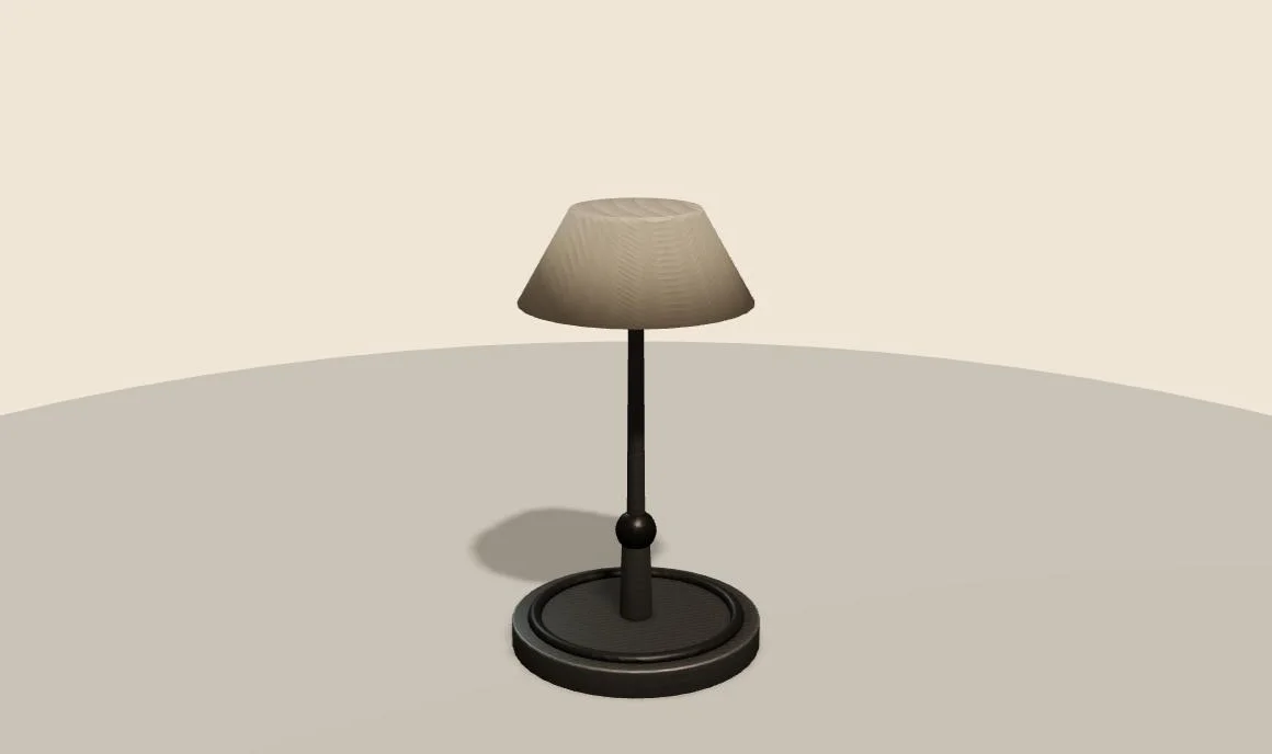 Desk lamp with a linen shade and dark base, rendered in the Three.js configurator