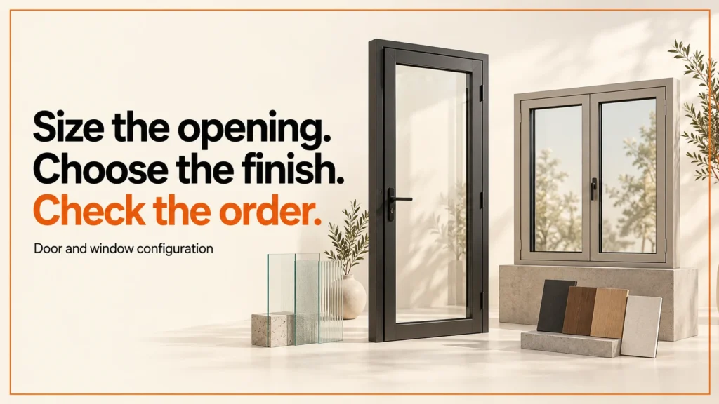 Illustrative dark door, double window and finish swatches beside a configuration headline.