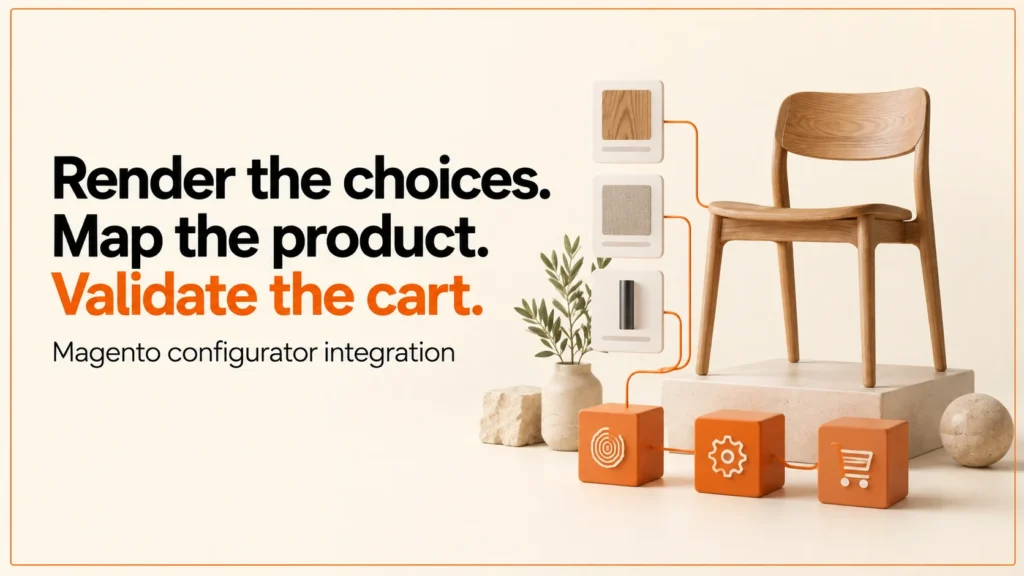Illustrative chair, product cards and connected blocks beside a Magento configurator integration headline.