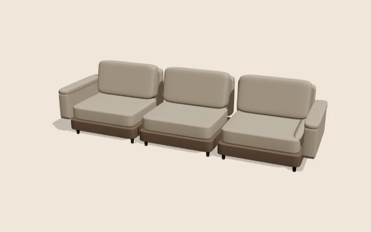Three-seat modular sofa in oatmeal fabric with a wooden plinth, rendered in the React Three Fiber configurator