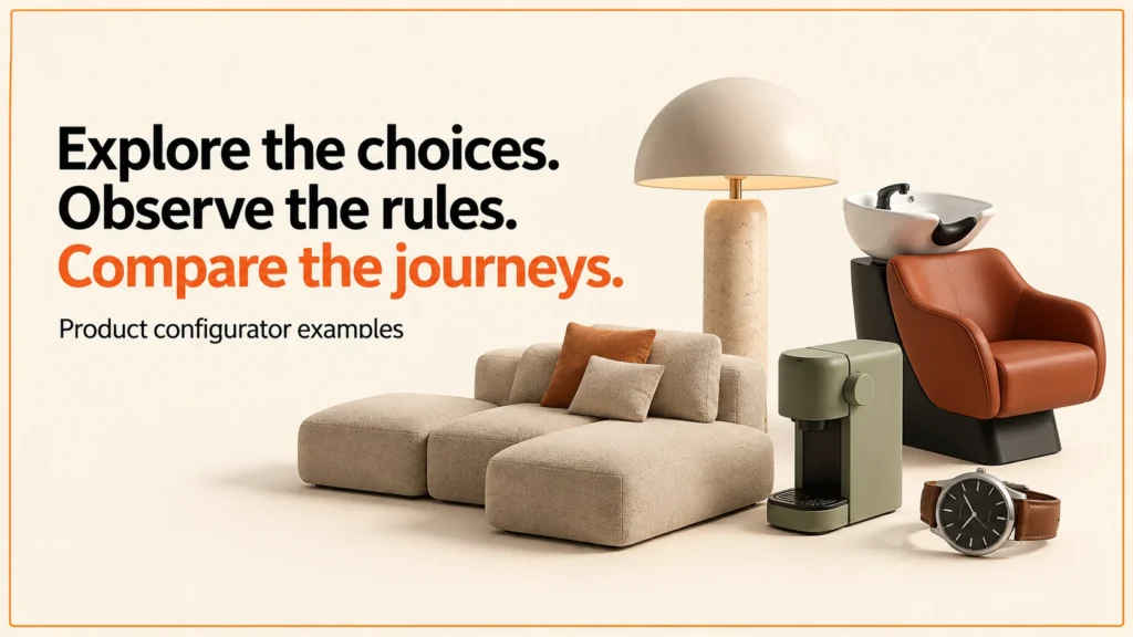 Editorial concept showing several configurable products and their option panels