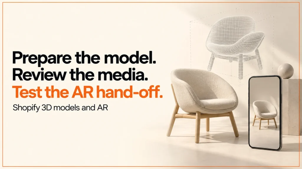 Illustrative chair, wireframe model and phone beside a Shopify 3D models and AR headline.