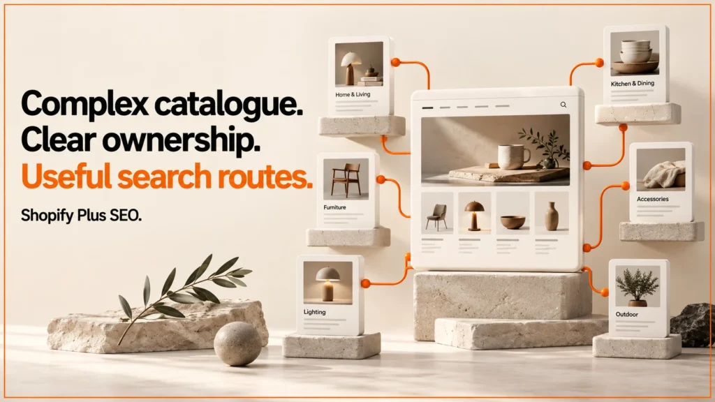 Shopify Plus SEO cover: Complex catalogue. Clear ownership. Useful search routes.