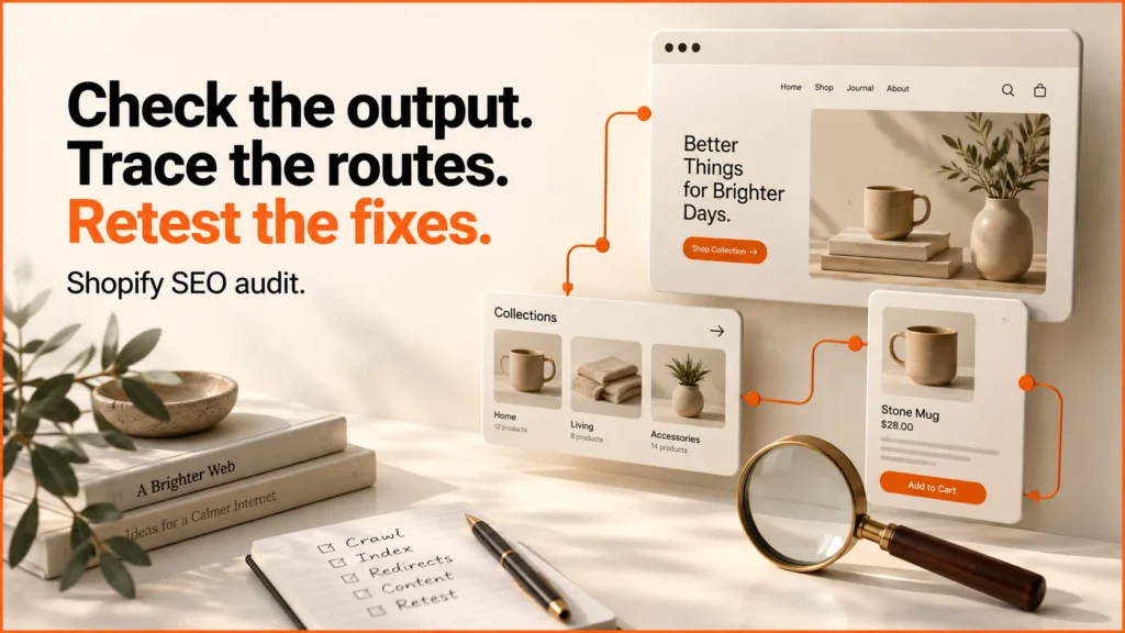Shopify SEO audit cover: Check the output. Trace the routes. Retest the fixes.