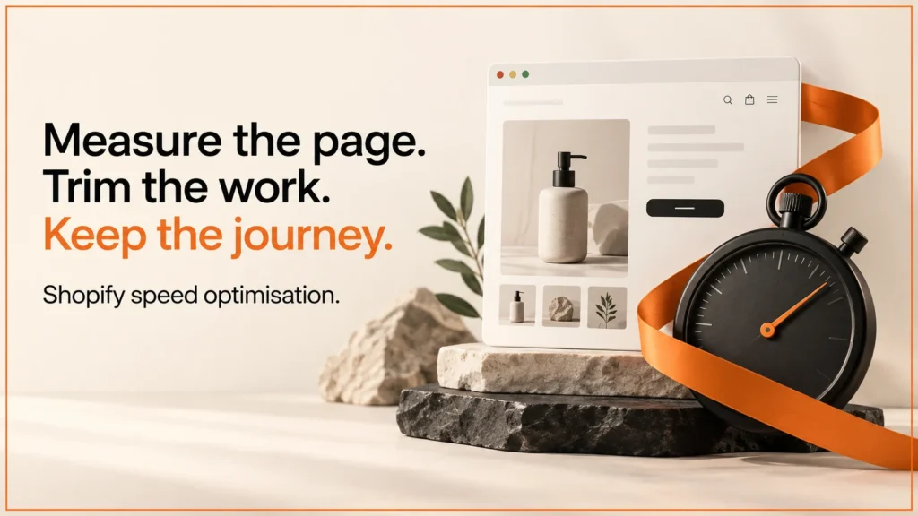 Shopify speed cover: Measure the page. Trim the work. Keep the journey.