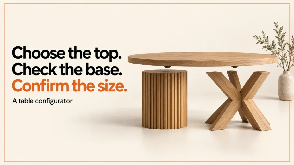 Illustrative oak tabletop and two base concepts beside a table configurator headline.