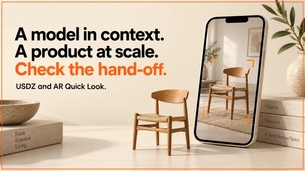 Illustrative phone and chair model beside the headline A model in context, a product at scale, check the hand-off.
