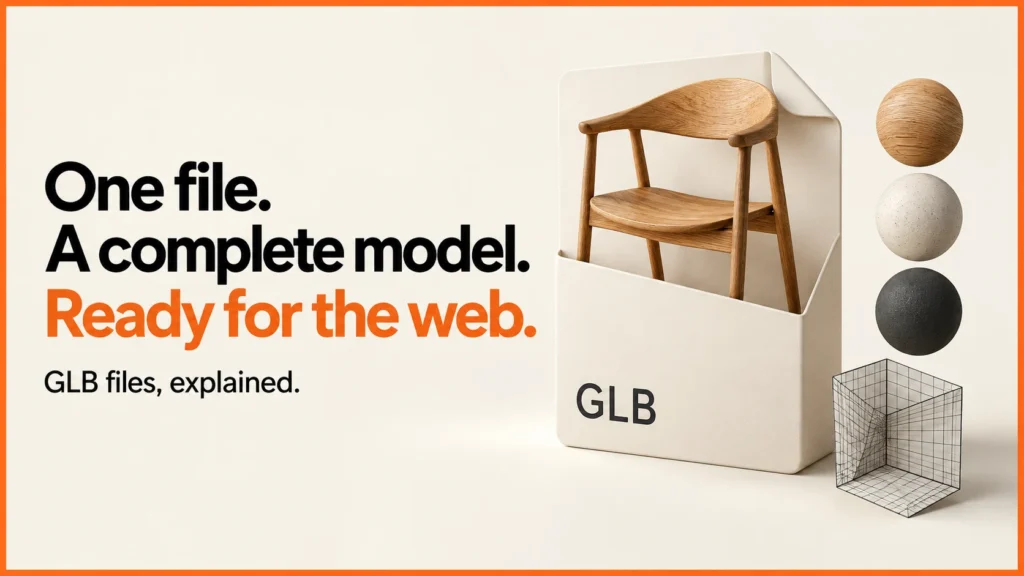 GLB file cover: One file. A complete model. Ready for the web.