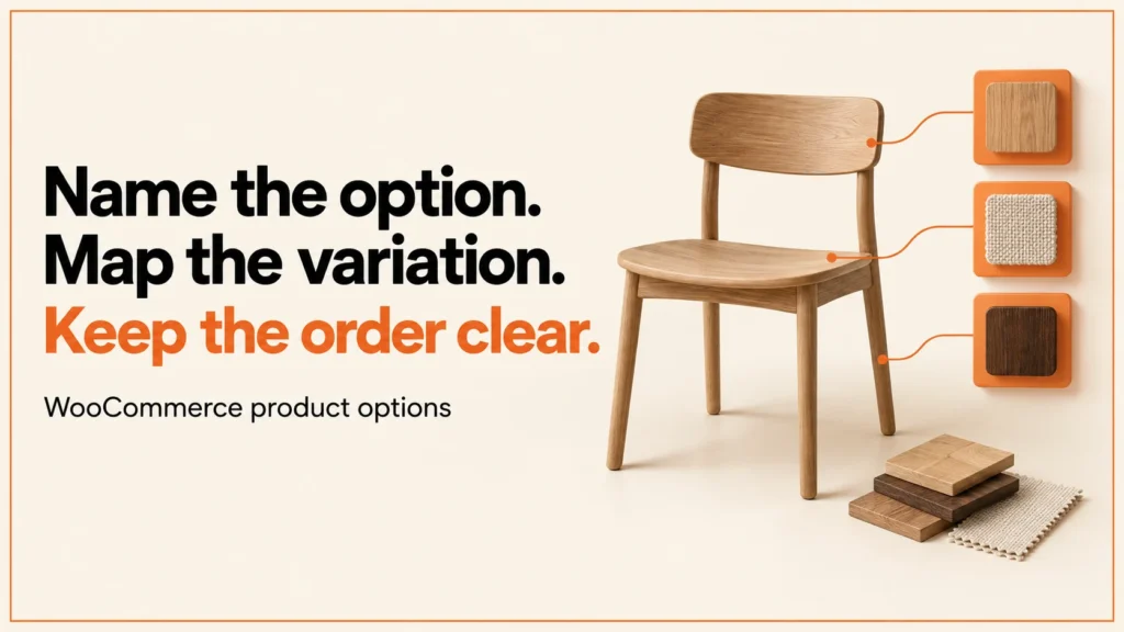 Editorial concept of product finish, size and base choices on an ecommerce options panel