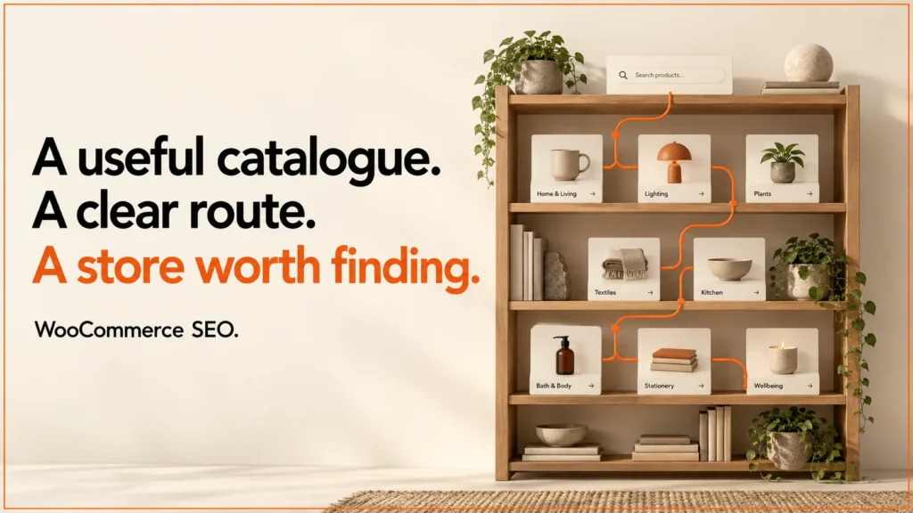 WooCommerce SEO cover: A useful catalogue. A clear route. A store worth finding.